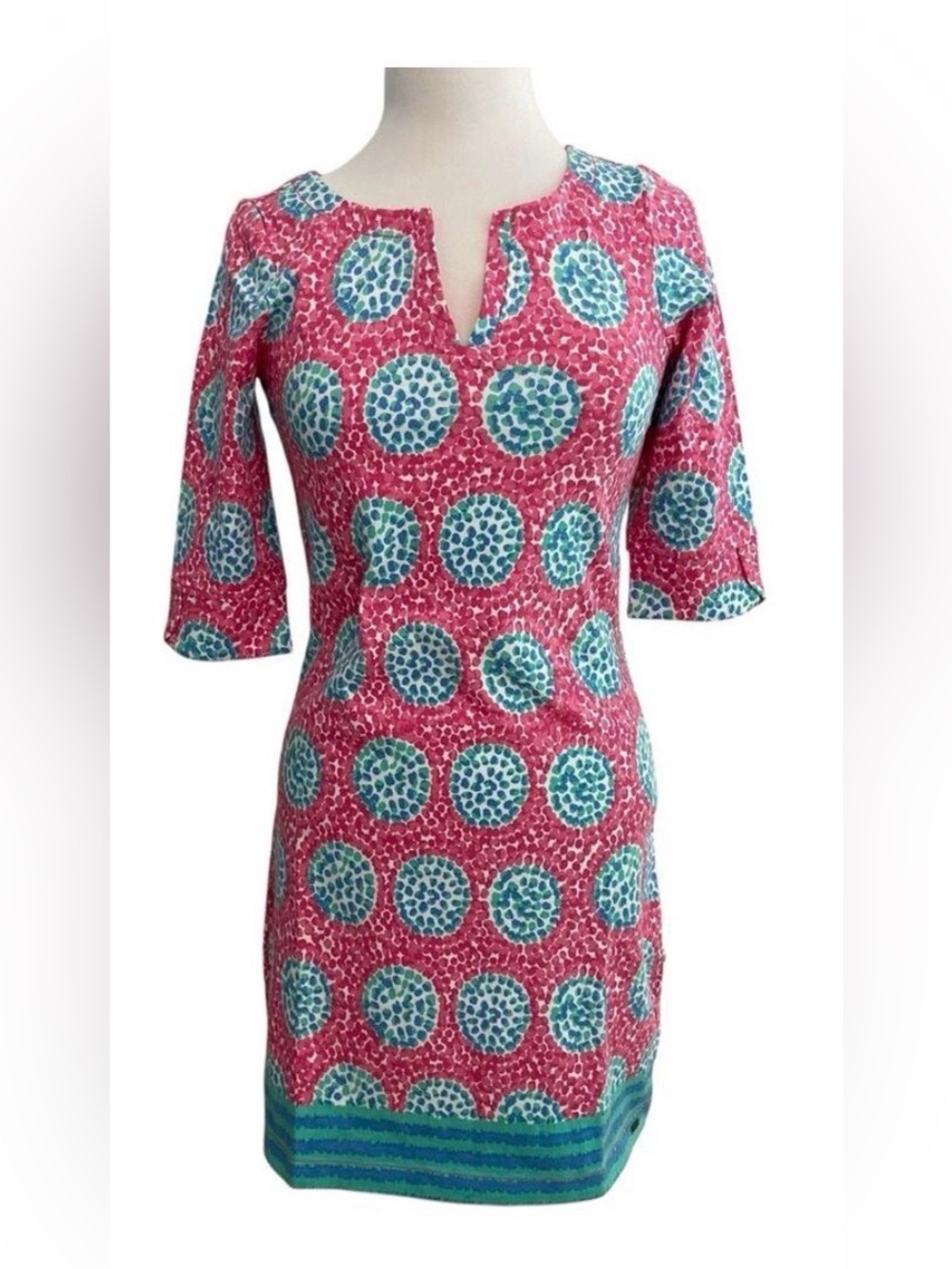 Hatley NWT Lucy dress Cobblestone fushia pink turquoise Vneckline 3/4 sleeves XS